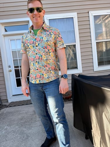 Customer photo review of Men's Floral Cotton Casual Button Up Short Sleeve Shirt