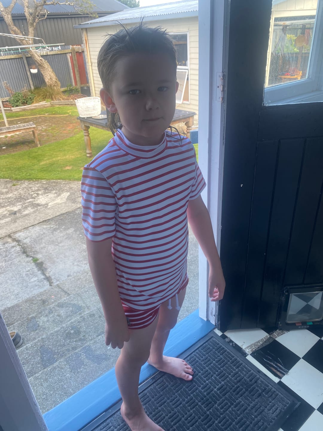 Customer photo review of Kids Classic Short Sleeved Swim Shirt UPF 50+ Stripes