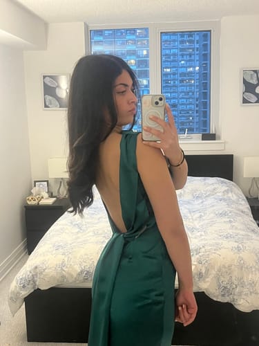 Customer photo review of Callie Satin Gown in Emerald by Sau Lee - RENTAL