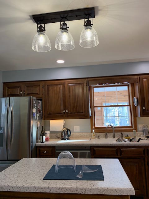 Customer photo review of 3-Light Adjustable Seeded Glass Linear Semi Flush Mount