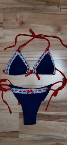 Customer photo review of Seamolly  Lace Bowknot Triangle Top & Cheeky Brazilian Bottom Bikini Set for 4th of July