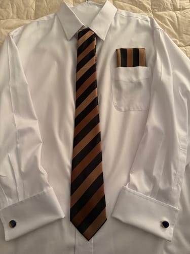 Customer photo review of Silver Brown Black Striped Silk Men's Tie Pocket Square Cufflinks Set