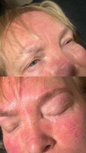 Customer's before-and-after image of eyebrows using Hybrid Stain. The after view shows one brow neatly stained and the other less so.