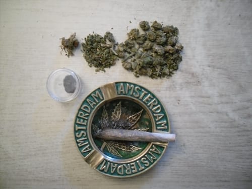 Kundenfoto der Super Silver Haze Popcorn-Knospen, teilweise gemahlen, mit einem Joint in einem Aschenbecher.