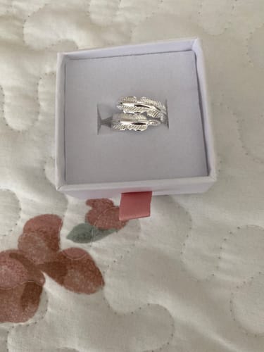 Customer's two silver Feather From An Angel Rings displayed together in an open white gift box.