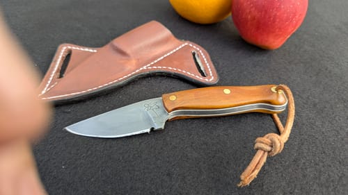 Reviewer's handcrafted small knife with a wooden handle and matching leather sheath, created using the grinding belts.