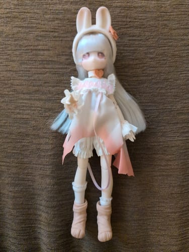Customer's Lovely Kwaidan Series BJD doll with long white hair, a bunny hat, and a delicate pink and white outfit.