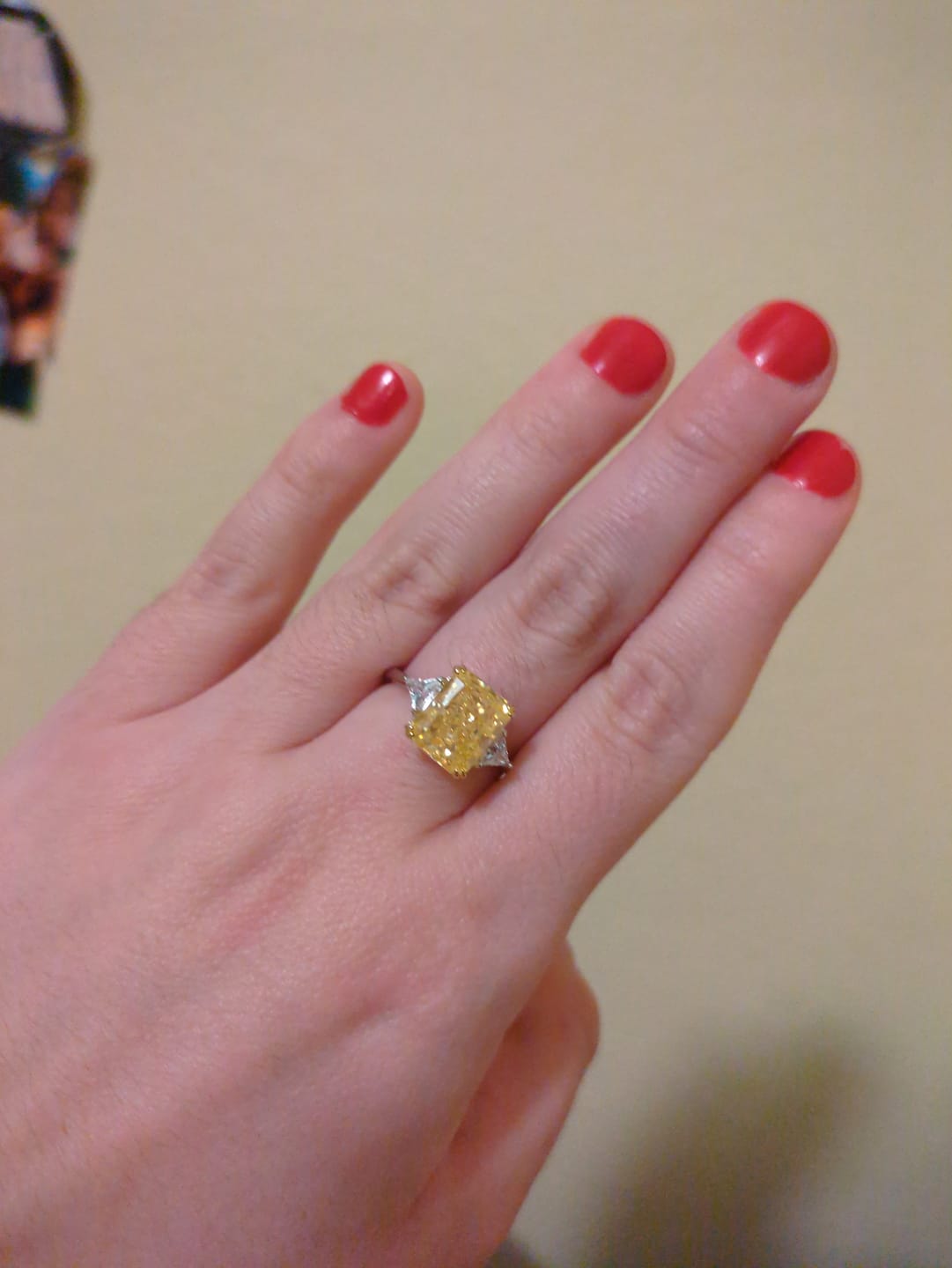 Customer photo review of S925 4.0Ct Radiant & Triangle Cut Yellow Stone Three Stone Engagement Ring In Sterling Silver