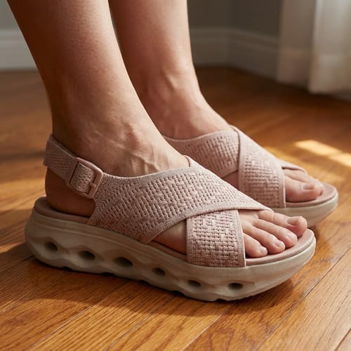 Reviewer wearing the pink Energy wedge sandals, showing the woven straps and cushioned sole.