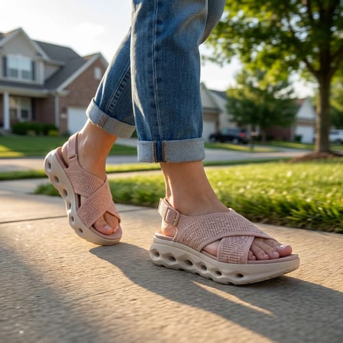 Customer walking on a sidewalk in pink Energy sandals with a chunky wedge sole and cuffed jeans.