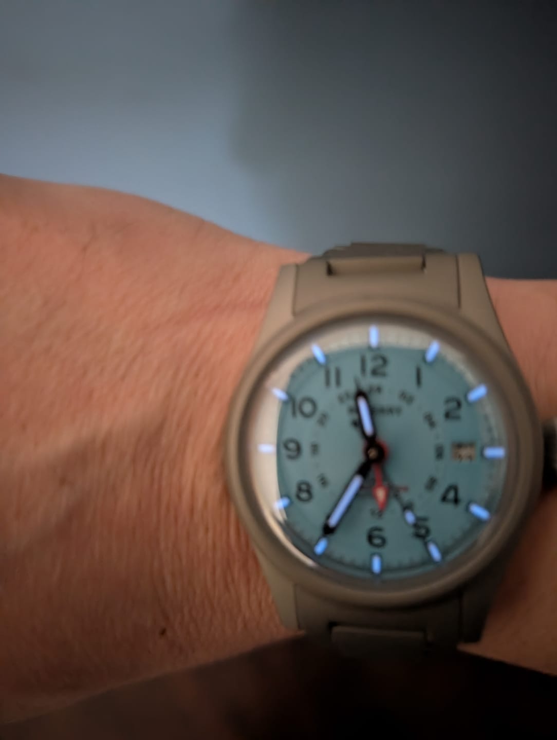Customer photo review of LANDMASTER GMT – Titanium Automatic Tritium Field Watch | Ice Blue-bracelet