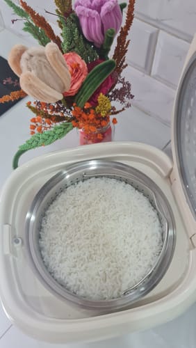 Reviewer's close-up of the open Eurohauz Healthy Rice Cooker with cooked white rice in its stainless steel draining basket.