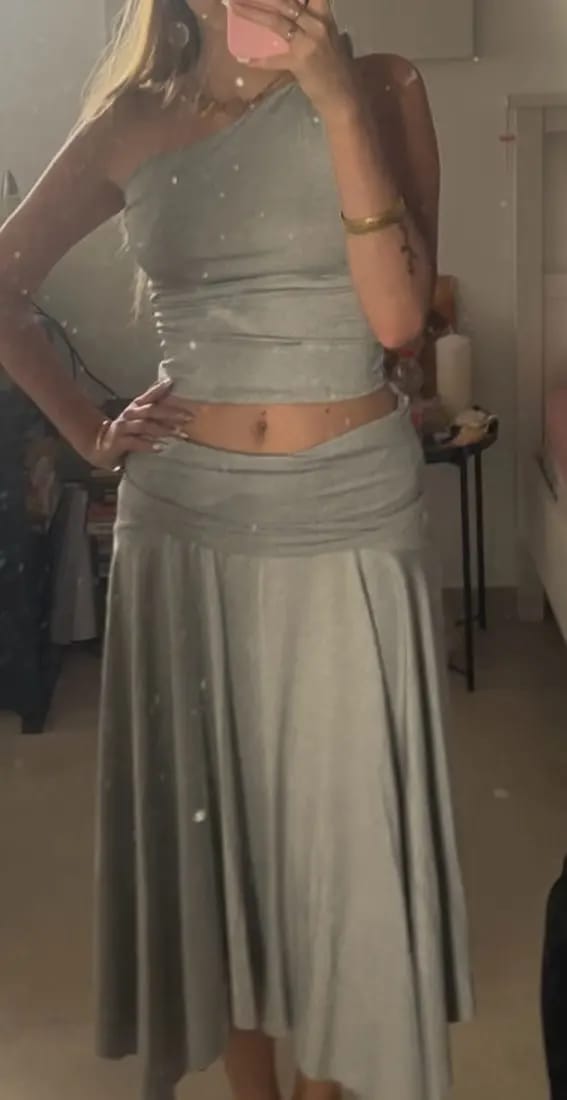 Customer photo review of Hannah Pleated Skirt & One-Shoulder Top Set