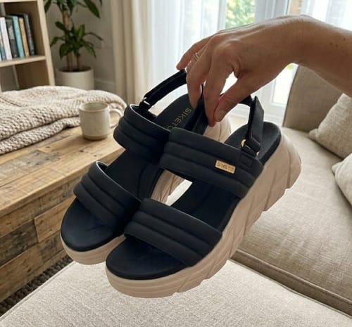 Customer holding The Align sandals, showing their black straps and thick platform sole.