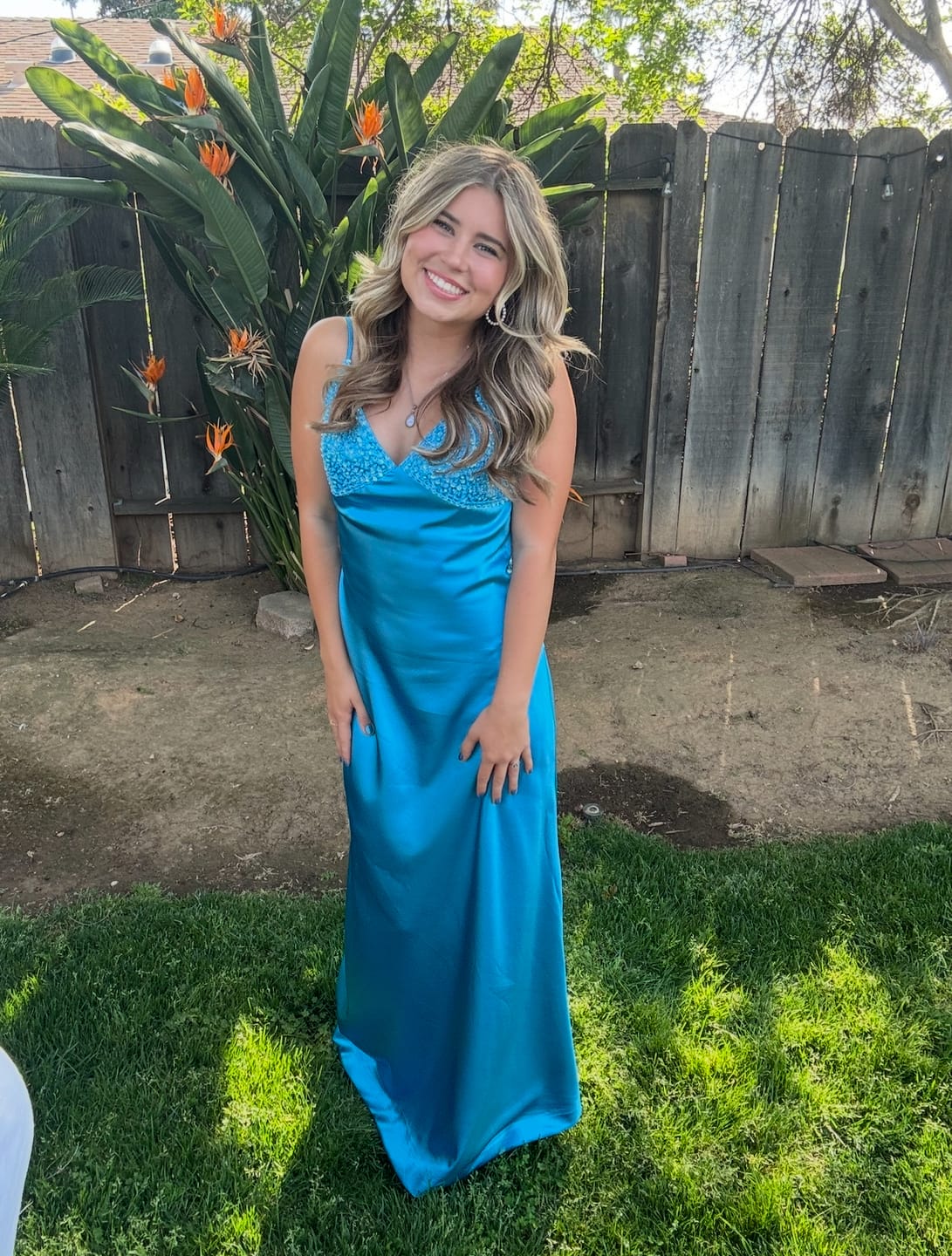 Customer photo review of V-neck Blue Beaded Back Tie A-line Long Dress