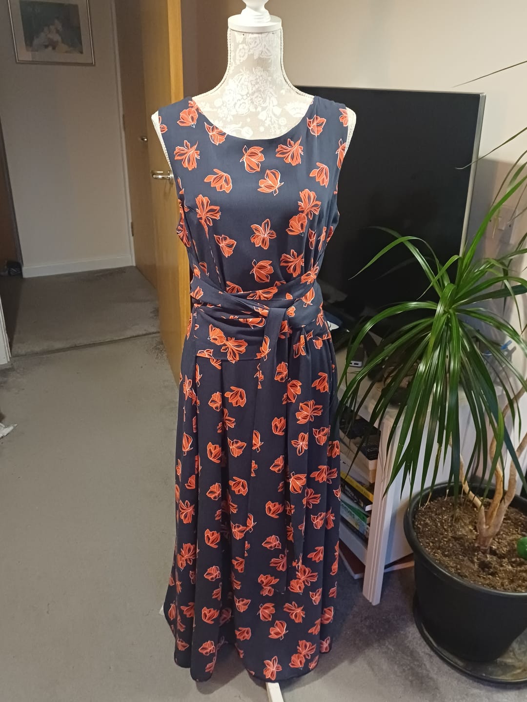 Customer photo review of Red Floral on Navy Viscose Challis Fabric
