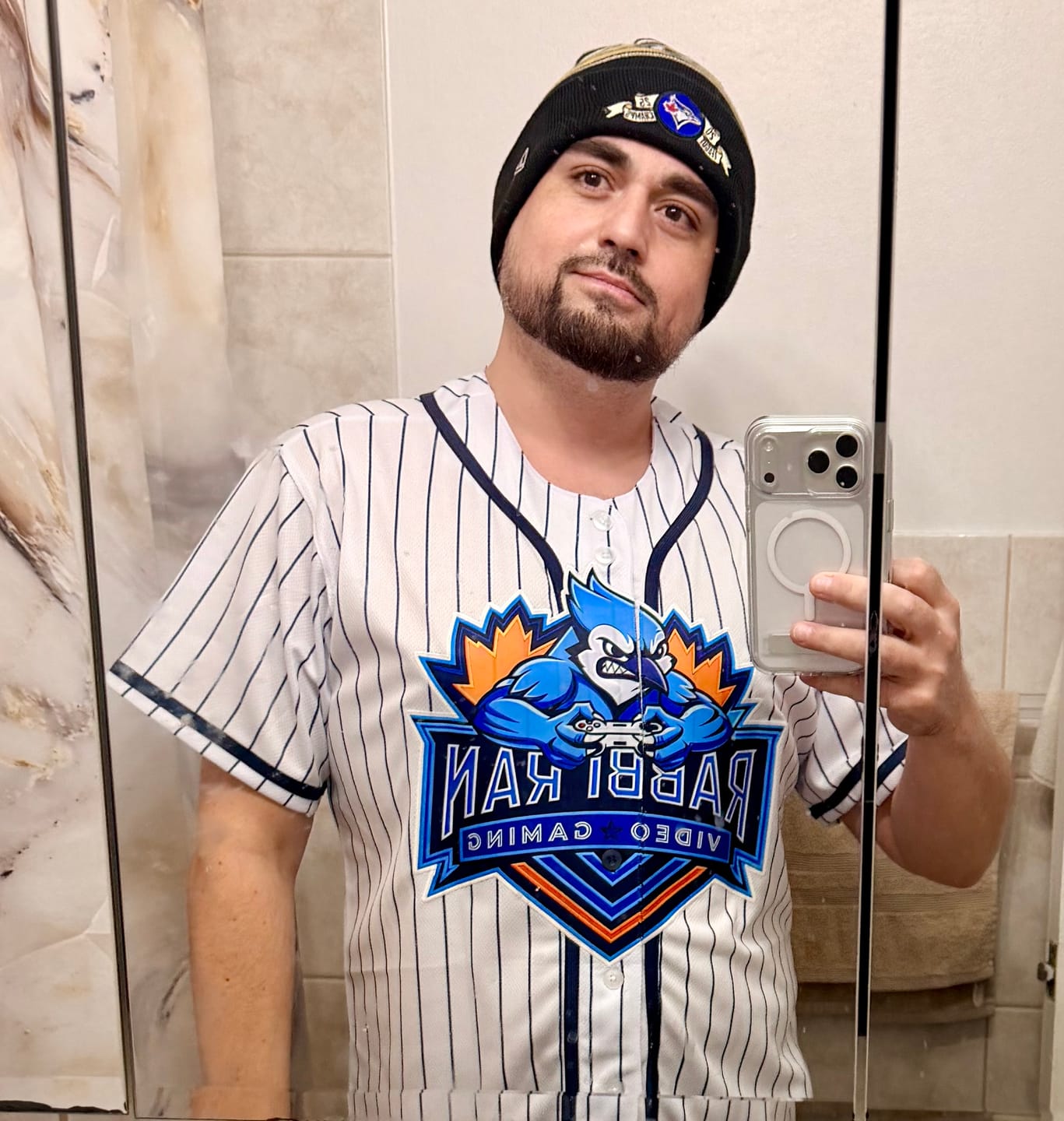 Customer photo review of Custom White Navy Stripe Fashion Authentic Baseball Jersey