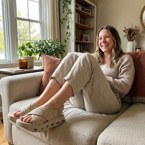 Reviewer relaxing on a couch wearing light-colored Energy platform sandals with woven straps.