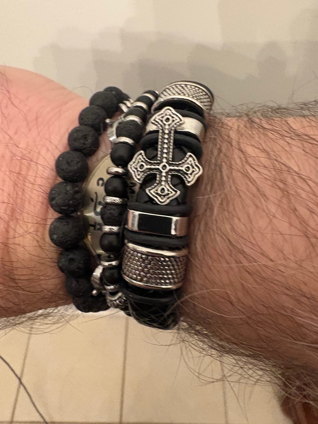 Customer photo review of FREE Today: Classic Two-Tone Holy Cross Leather Bracelet with Braided Design