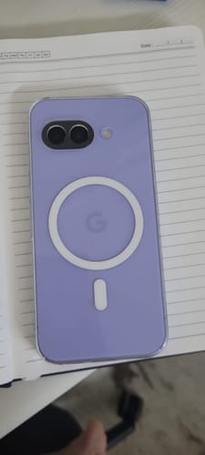 Customer's sturdy Anti Yellow Magsafe Clear Case fitted on a purple Google Pixel 9A, showing the white MagSafe ring.