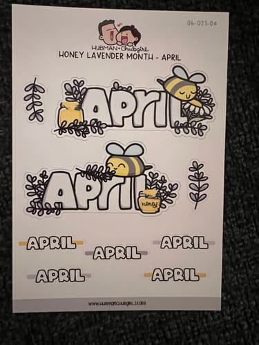 Customer's 'Honey Lavender - Months Planner Stickers' sheet for April, featuring cute bees, honey pots, and lavender sprigs.