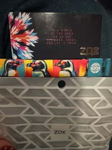 Customer's License To Chill String with a colorful penguin pattern, shown with its matching collector's card and packaging.