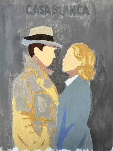 Customer's completed mini painting showing a colorful scene from the movie Casablanca.