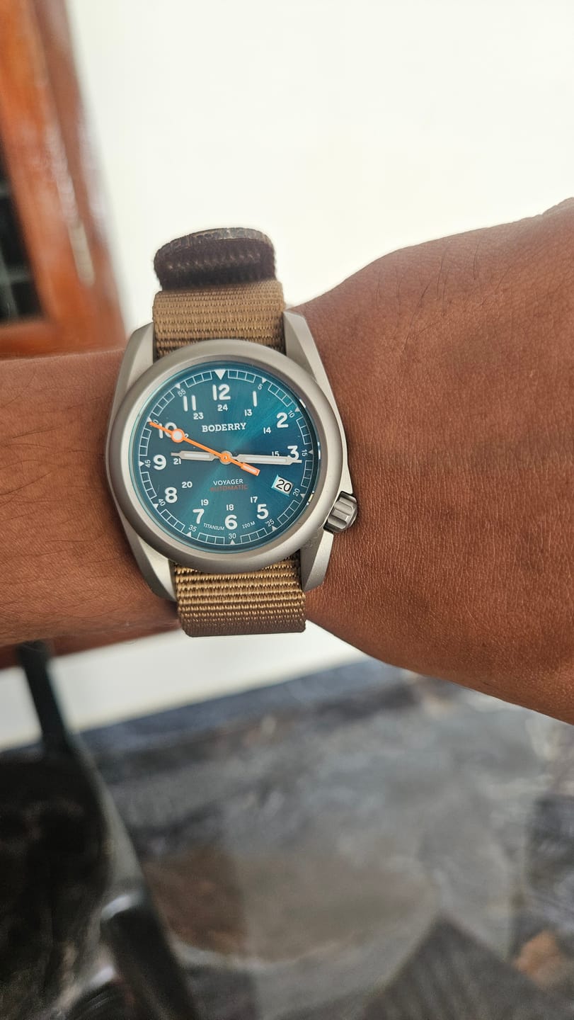 Customer photo review of VOYAGER - 100M Waterproof Titanium Automatic Field Watch | Peacock Green