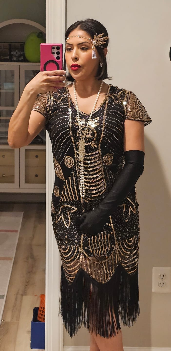 Customer photo review of 1920s Black & Gold Sequin Eva Gatsby Dress