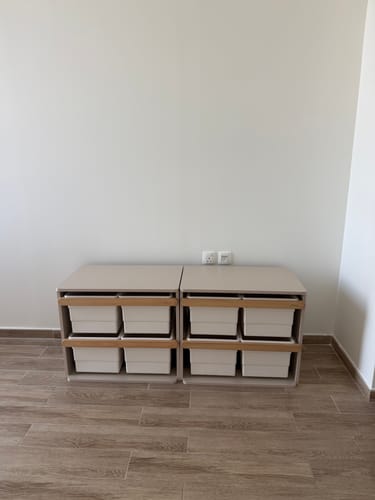 Customer's two Tidy Toy Kids Cabinets placed side-by-side against a wall on a wood-look floor.
