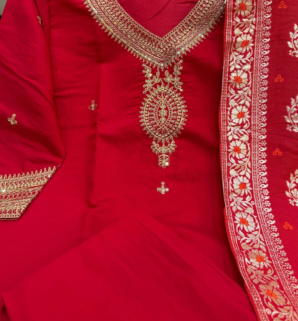 Customer photo review of Berry Silk Kurta Set with Kanjivaram Dupatta