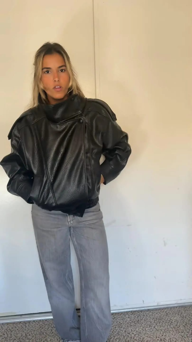 Customer photo review of Nikka Faux Leather Stand Collar Jacket
