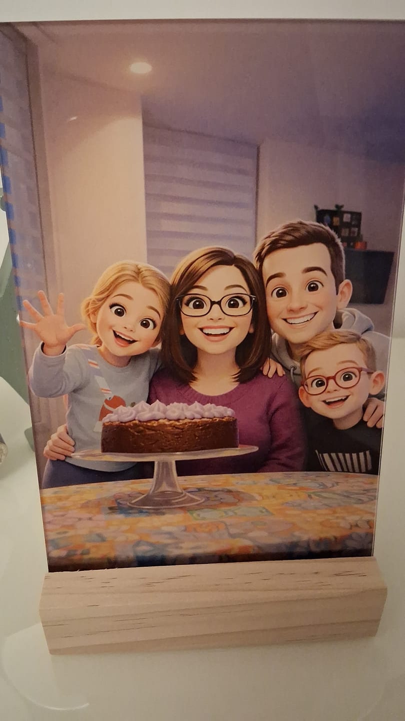 Customer photo review of Cartoon Love – Espositore in acrilico personalizzato con effetto cartoon per papà e famiglia