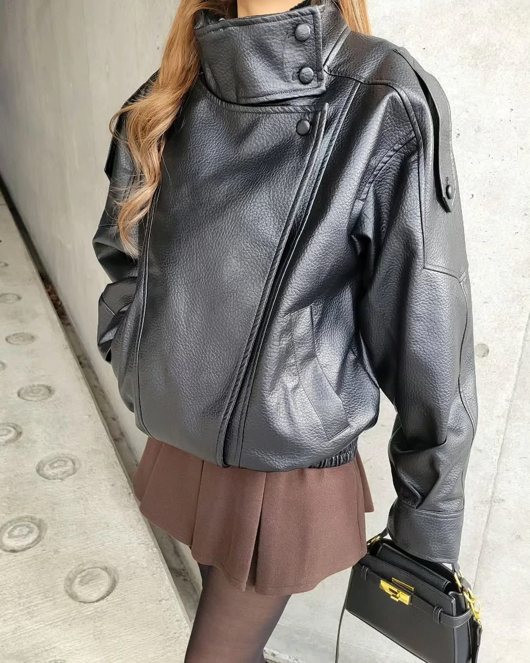 Customer photo review of Nikka Faux Leather Stand Collar Jacket