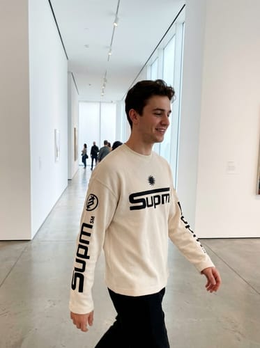 Reviewer in a gallery wearing the cream SUPM Letter Graphic Long Sleeve T-Shirt.