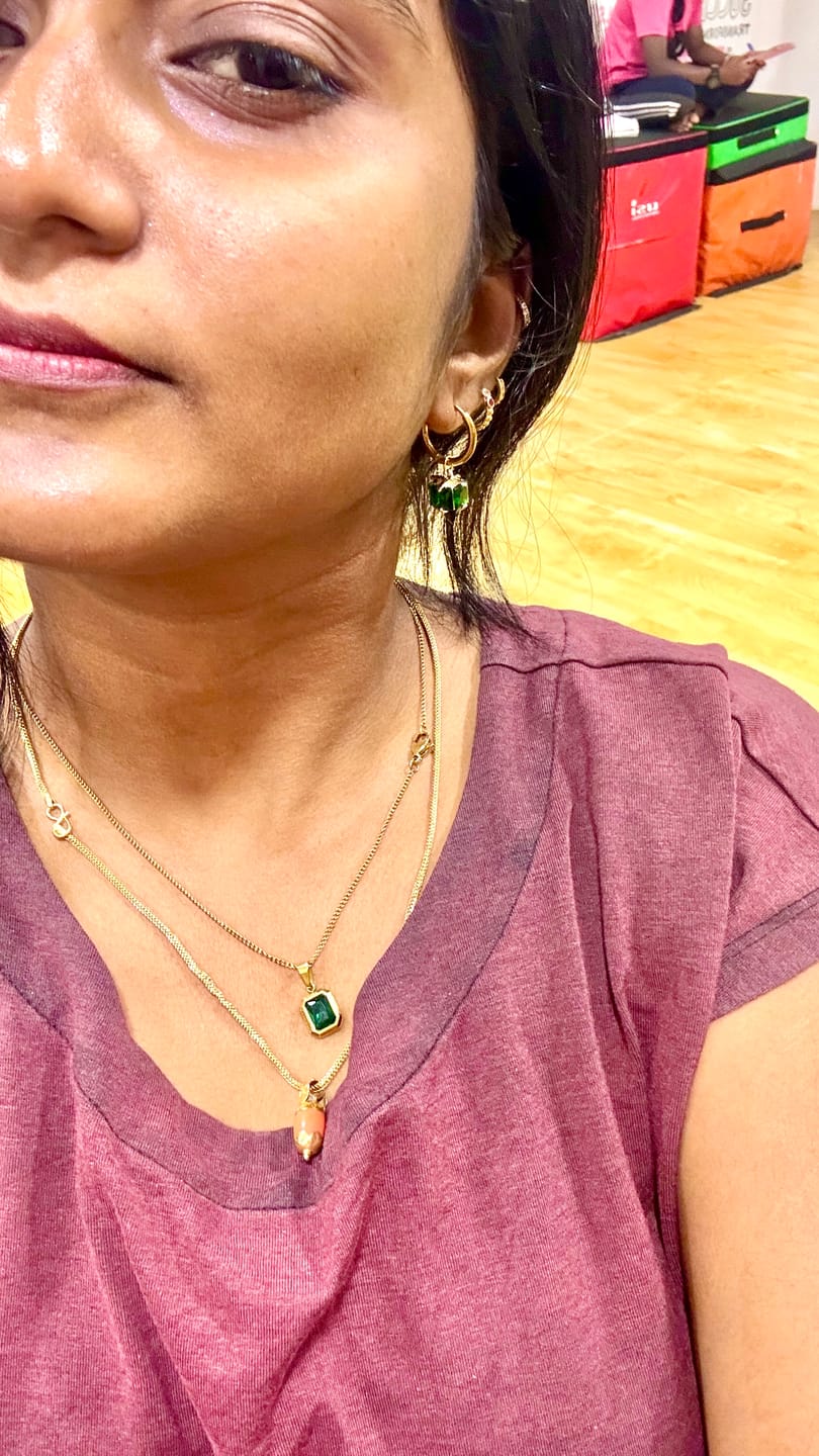 Customer photo review of Emerald Drop Hoop Earrings