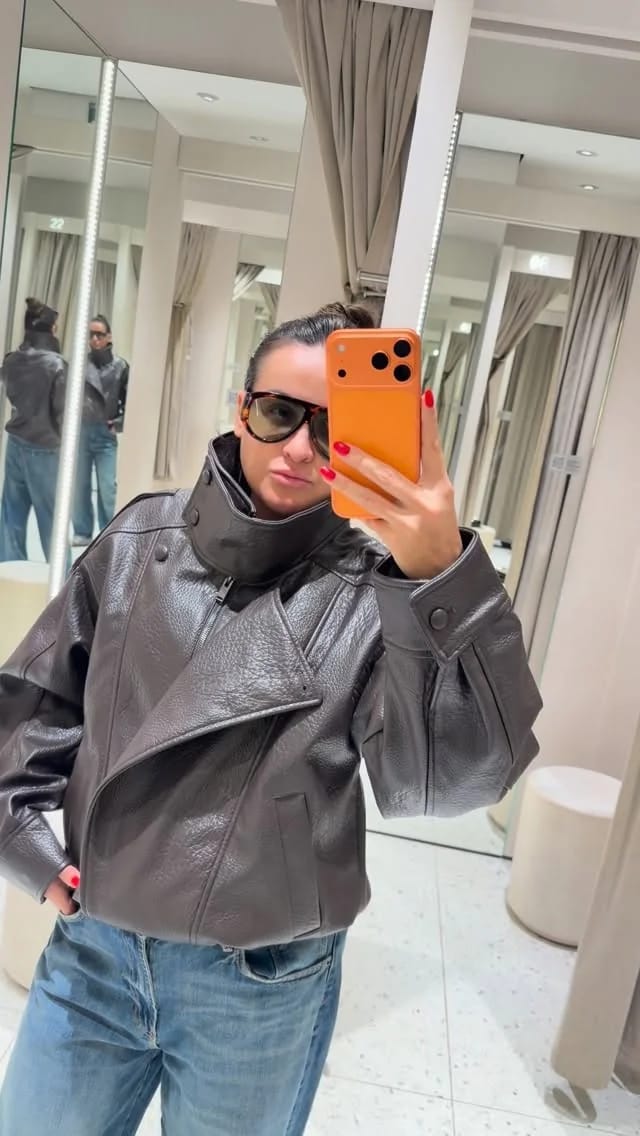 Customer photo review of Nikka Faux Leather Stand Collar Jacket