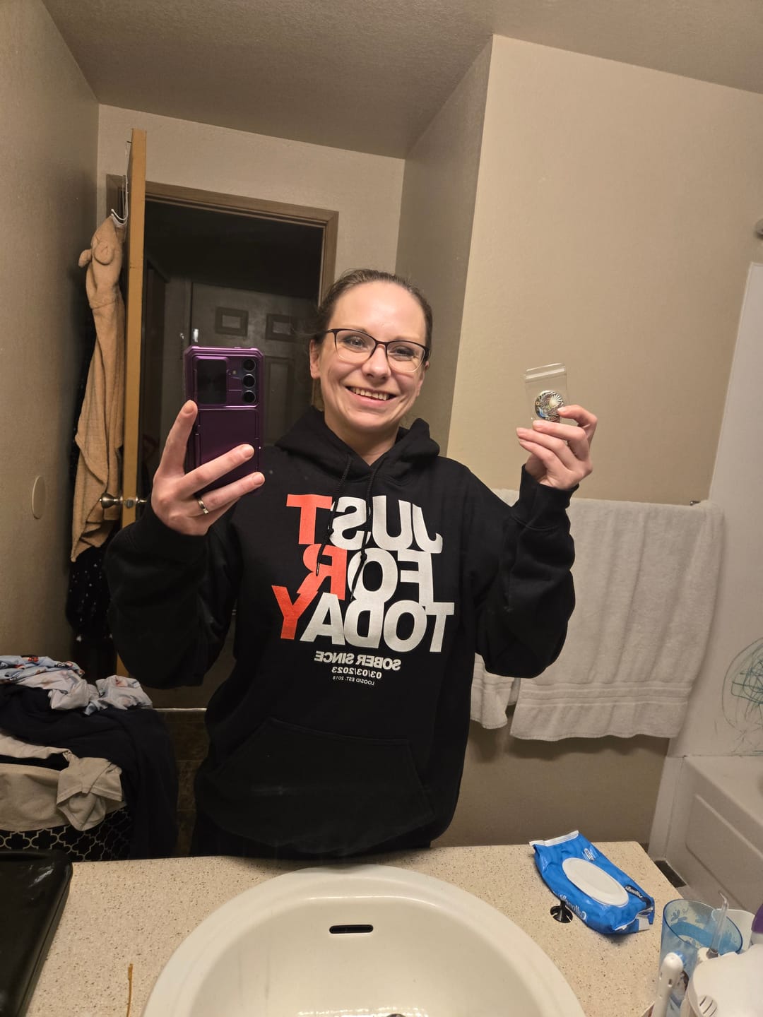 Customer photo review of Recovery Hoodie | Just For Today Custom Sobriety Date Unisex Hoodie