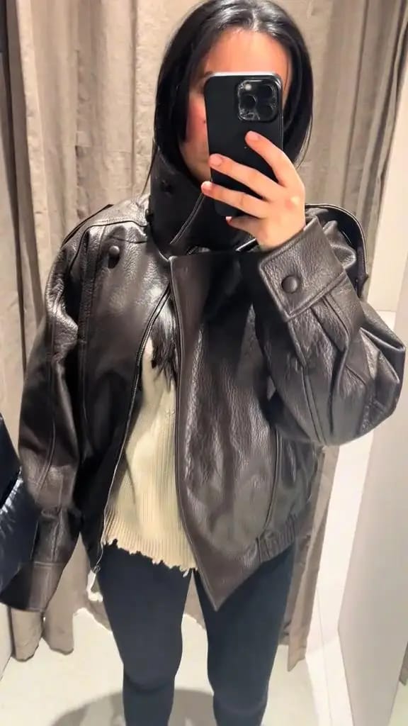 Customer photo review of Nikka Faux Leather Stand Collar Jacket