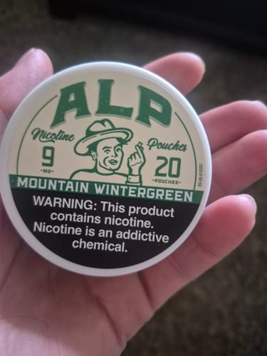 Customer holding a can of ALP Mountain Wintergreen nicotine pouches in their hand.