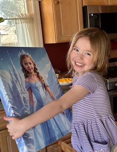 A customer's child smiling brightly while holding her 'The Ice Princess' personalized canvas portrait.