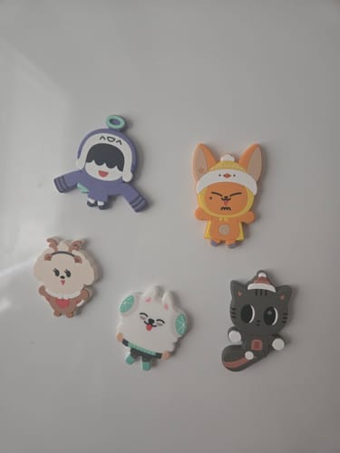 Customer's five cute character magnets from the TXT PPULBATU SNOW MAGIC set arranged on a white surface.