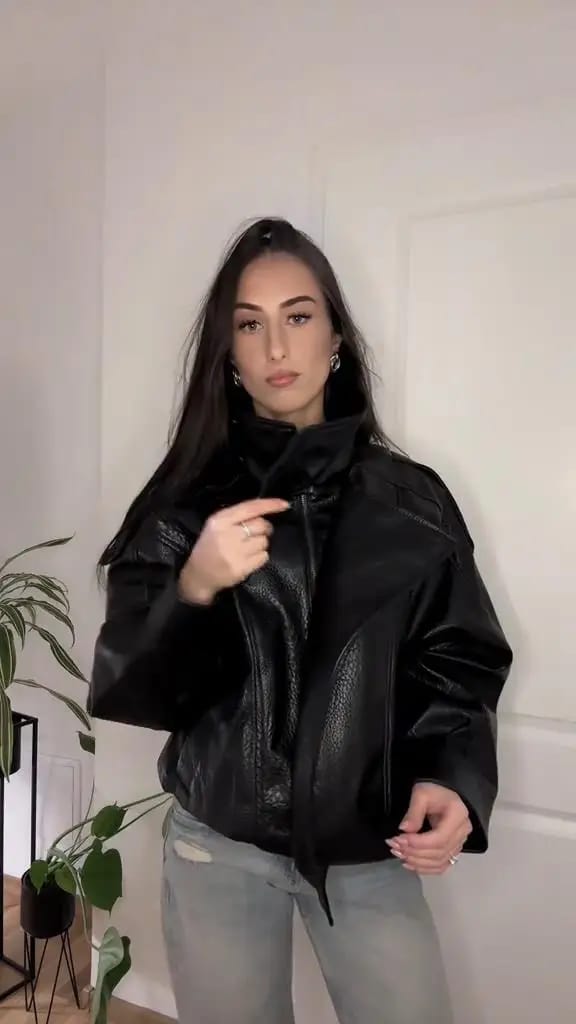 Customer photo review of Nikka Faux Leather Stand Collar Jacket