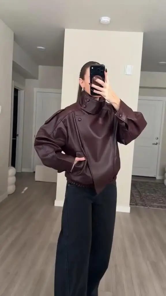 Customer photo review of Nikka Faux Leather Stand Collar Jacket