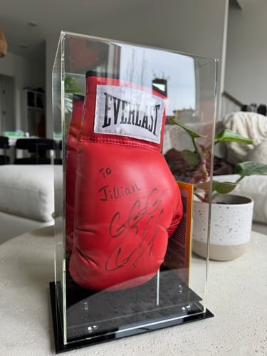 Customer photo review of Full Size Boxing Glove Vertical Display Case with Mirror Back (A092/V18)