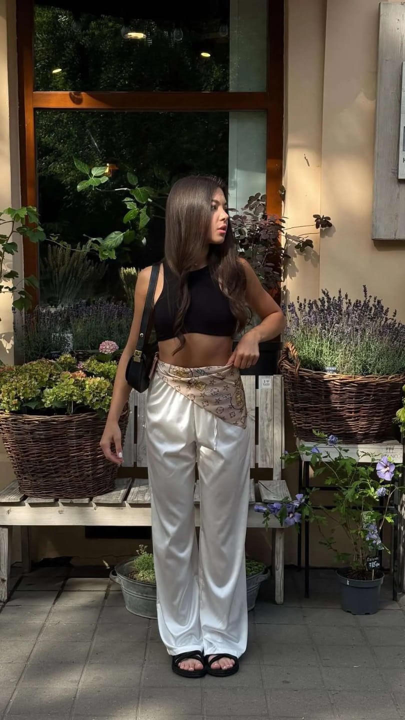 Customer photo review of Henna High Waist Satin Wide Leg Trousers