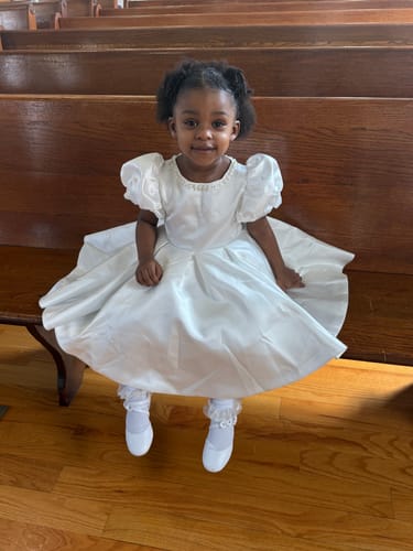 Customer photo review of First Communion Dress Baby Girl White Textured Puff Sleeves Puffy Bow Princess Christening Dress