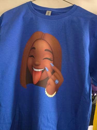 Reviewer's custom graphic printed on a blue t-shirt using the CadLink v12 software.