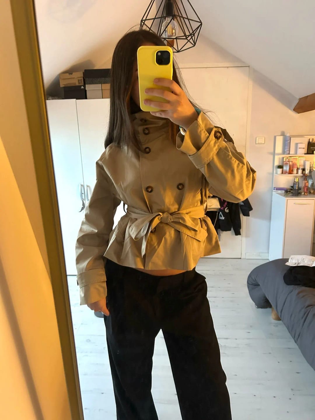 Customer photo review of Kiarra Stand Collar Crop Trenchcoat