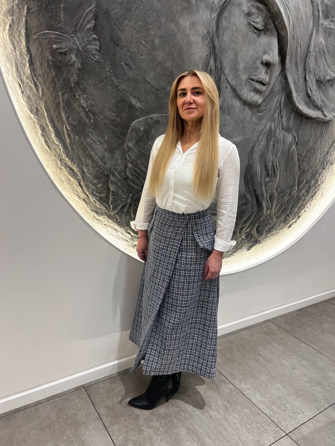 Customer photo review of Liberty Skirt – Navy Blue Tweed